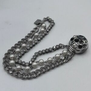 Triple strand Ginger Snaps Bracelet Chain Pearl Black Rhinestone Change Snap 
7"